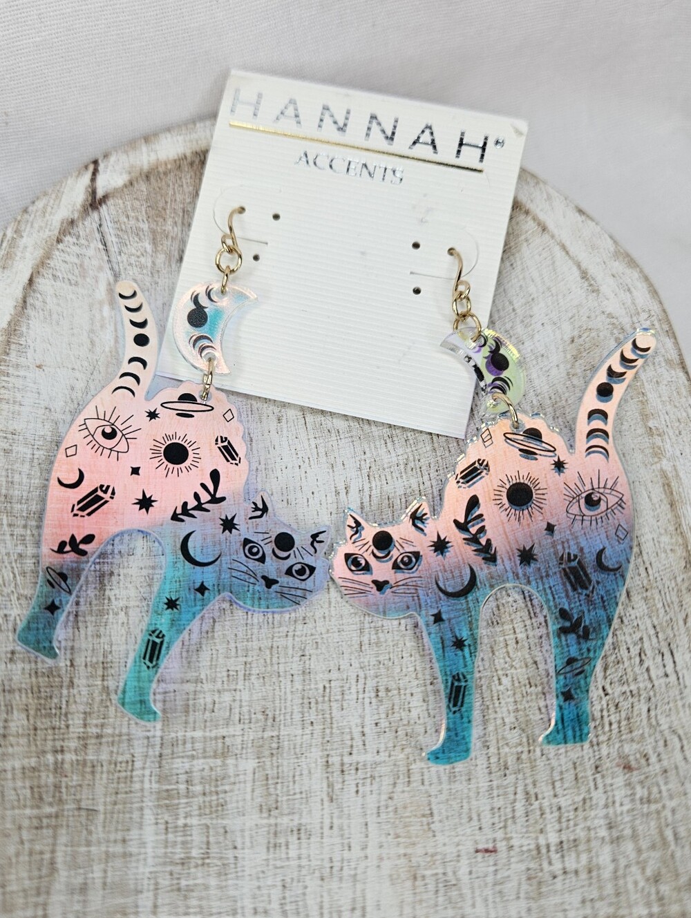 Hannah Accents Celestial Cat Holographic Acrylic Dangle Earrings NWT